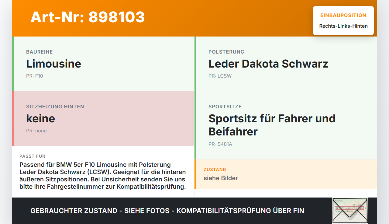 BMW F10 523i 10-13 Leder Kopfstütze Rechts oder Links Hinten Dakota Leder Schwarz LCSW BMW F10 523i 10-13... Vorschau 3