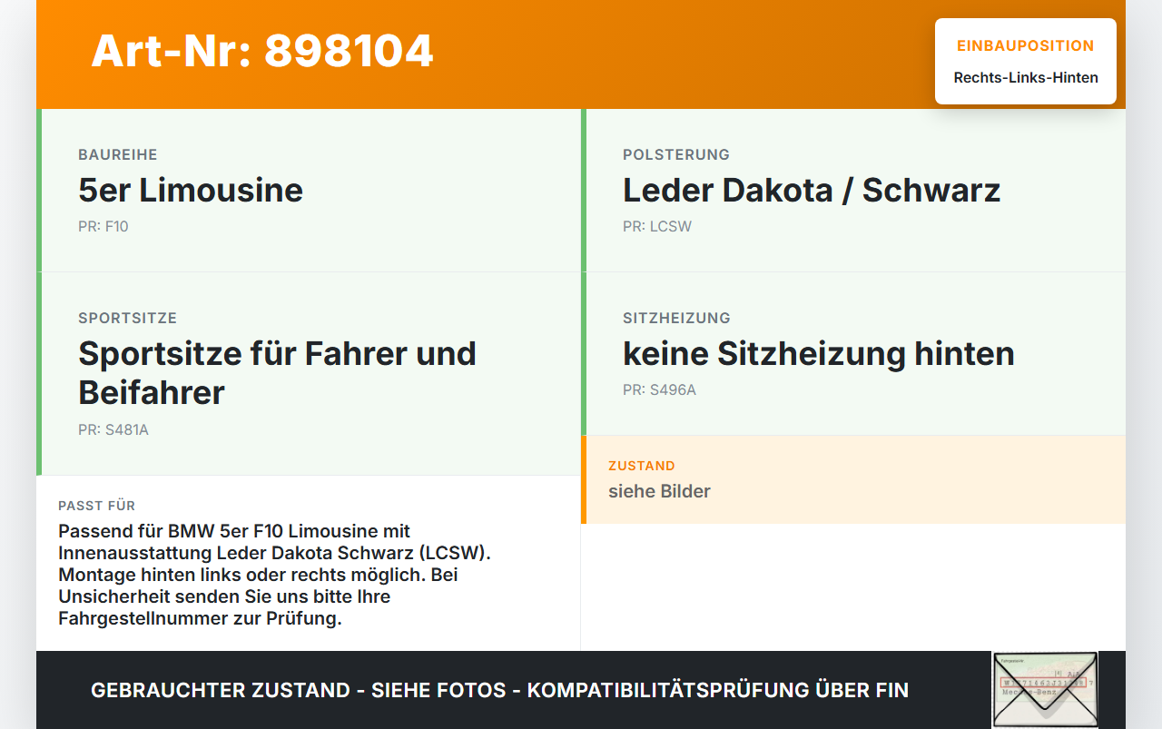 BMW F10 523i 10-13 Leder Kopfstütze Rechts oder Links Hinten Dakota Leder Schwarz LCSW BMW F10 523i 10-13... Vorschau 3