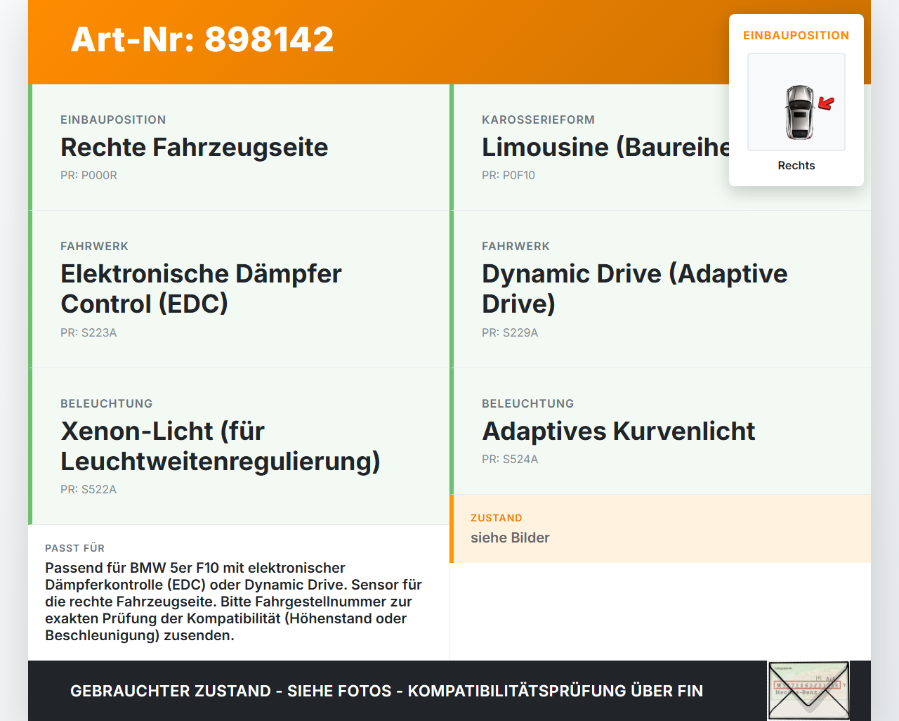 BMW F10 523i 10-13 Sensor IDS+ Luftfahrwerk Rechts Pos.2 BMW F10 523i 10-13 21.05.2010 12841592 002455000046 gebraucht Vorschau 3