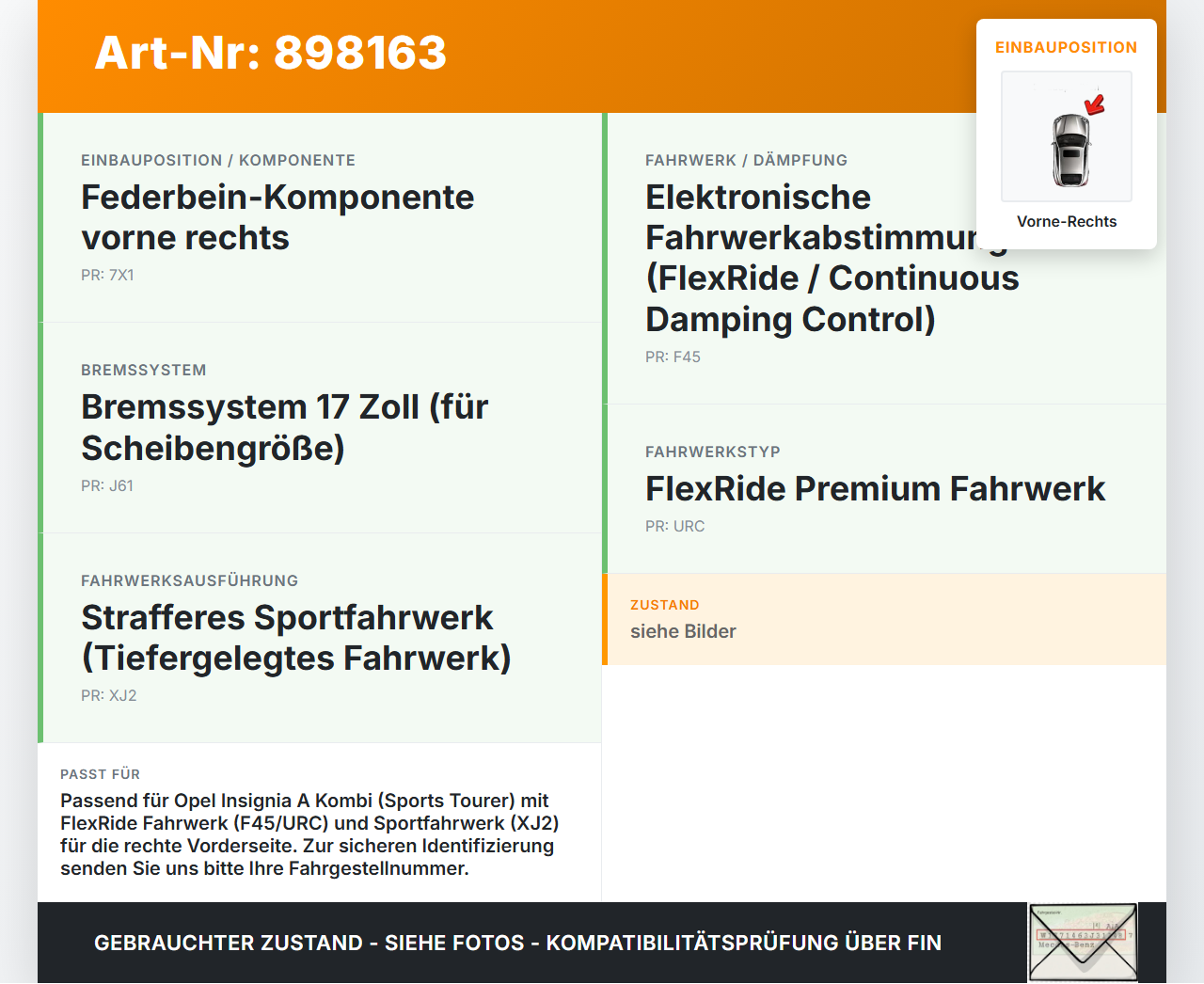 Opel Insignia A G09 08-13 Kombi Federbein Stossdämpfer FlexRide Vorne Rechts Opel Insignia A G09 08-13 15.12.2010... Vorschau 3