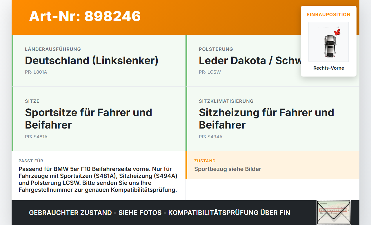 BMW F10 523i 10-13 Lim Sitzbezug Rückenpolster Rechts Vorne für Beifahrer Sitz beheizt Dakota Leder Schwarz LCSW... Vorschau 3