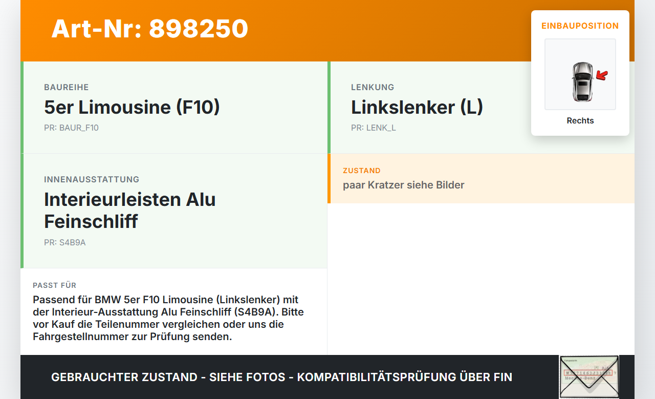 BMW F10 523i 10-13 Lim Leiste Rechts für Armaturenbrett Aludekor A90 BMW F10 523i 10-13 21.05.2010 51459166653... Vorschau 3