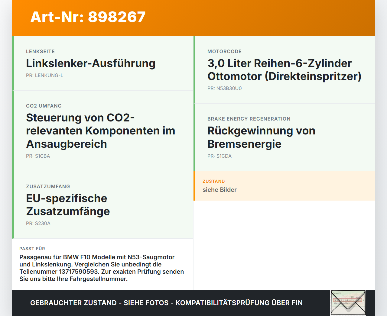 BMW F10 523i 10-13 3,0i 150KW Luftfilterkasten BMW F10 523i 10-13 21.05.2010 AD759059303U 1371-7590593 7590593... Vorschau 3