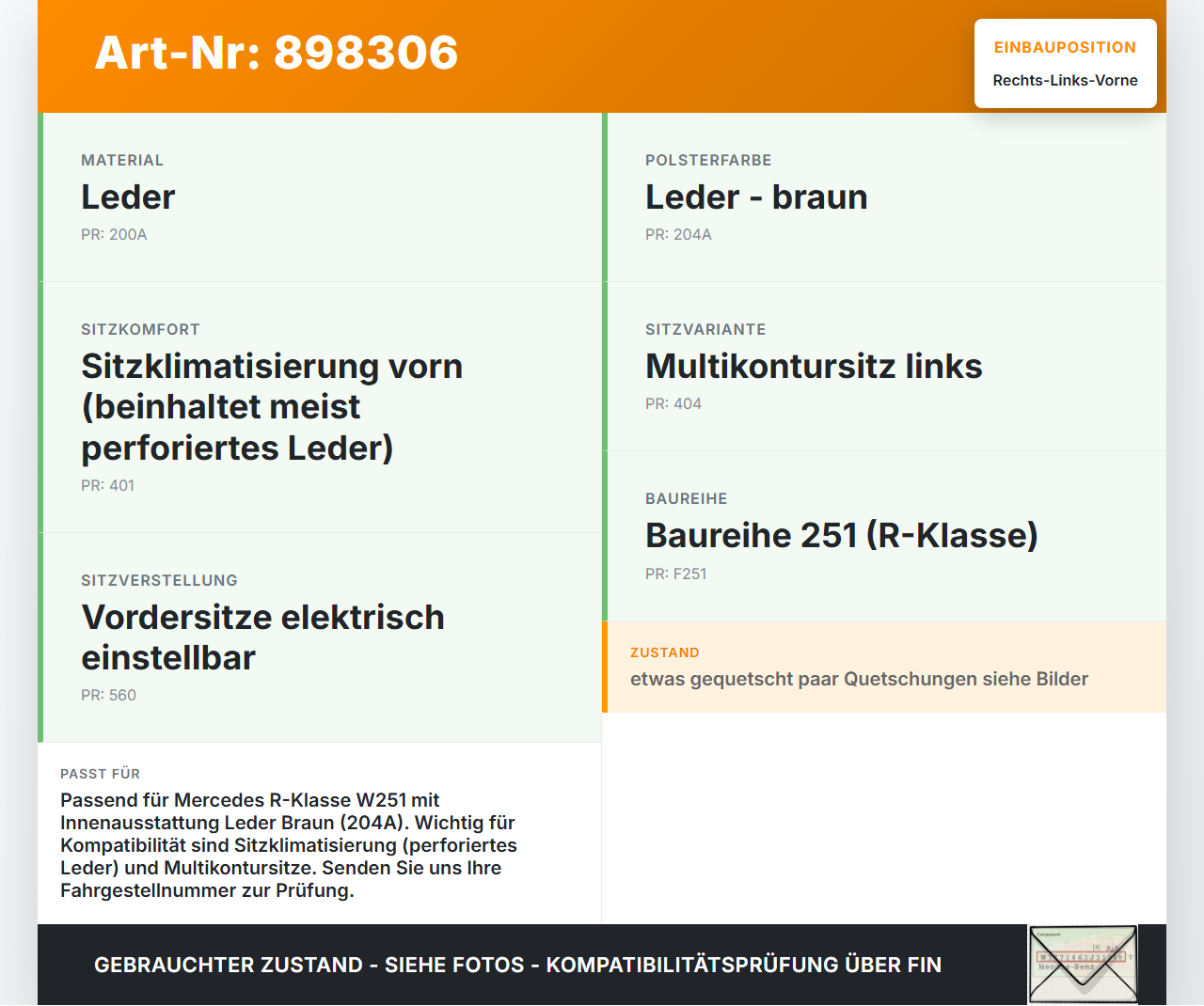 Mercedes R320 W251 06-10 Leder Kopfstütze für Fahrer Sitz Rechts oder Links Vorne Mercedes R320 W251 06-10... Vorschau 3