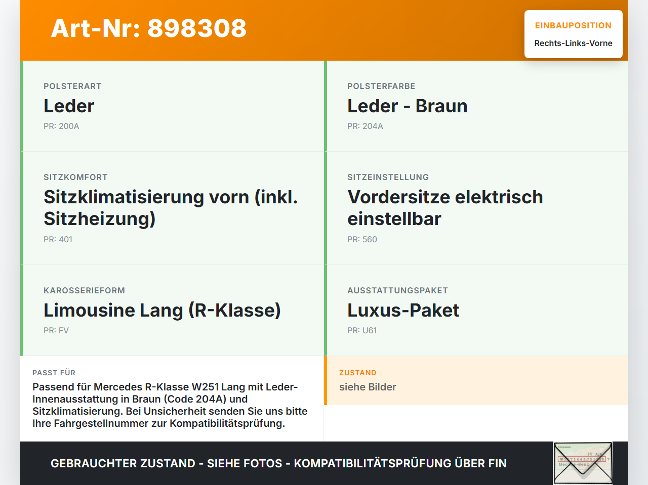 Mercedes R320 W251 06-10 Lang Leder Kopfstütze für Beifahrer Sitz Rechts oder Links Vorne Mercedes R320 W251 06-10... Vorschau 3