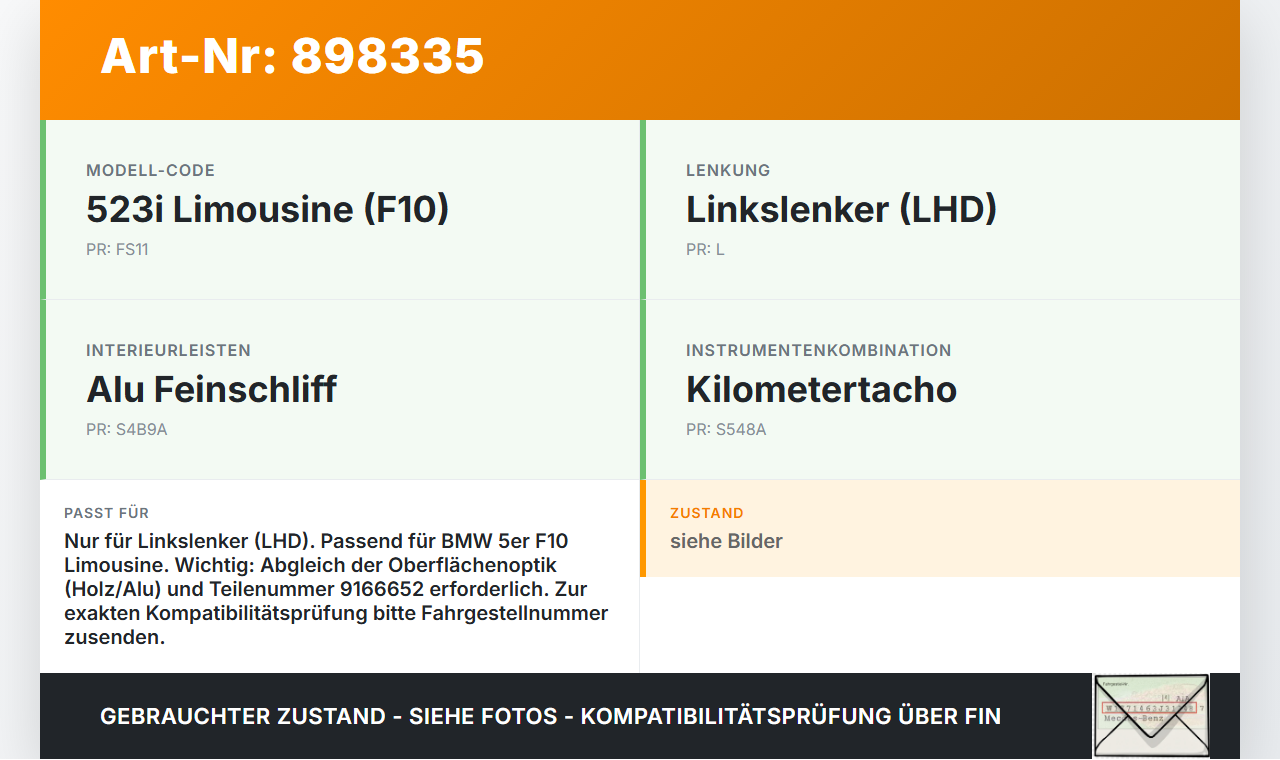 BMW F10 523i 10-13 Lim Blende Armaturenbrett Zündschloss Holz BMW F10 523i 10-13 21.05.2010 51459166652 9166652... Vorschau 3