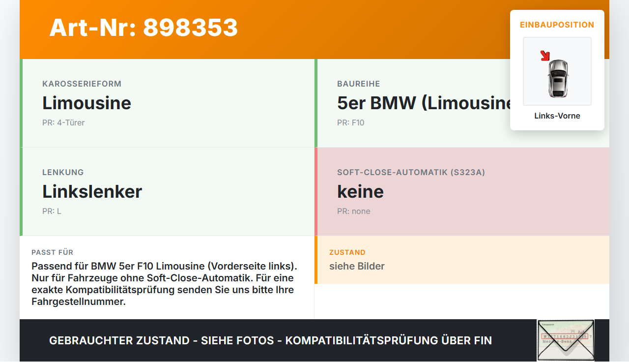 BMW F10 523i 10-13 Lim Türfangband Türbremse Türanschlag Links Vorne BMW F10 523i 10-13 21.05.2010 7182005... Vorschau 3