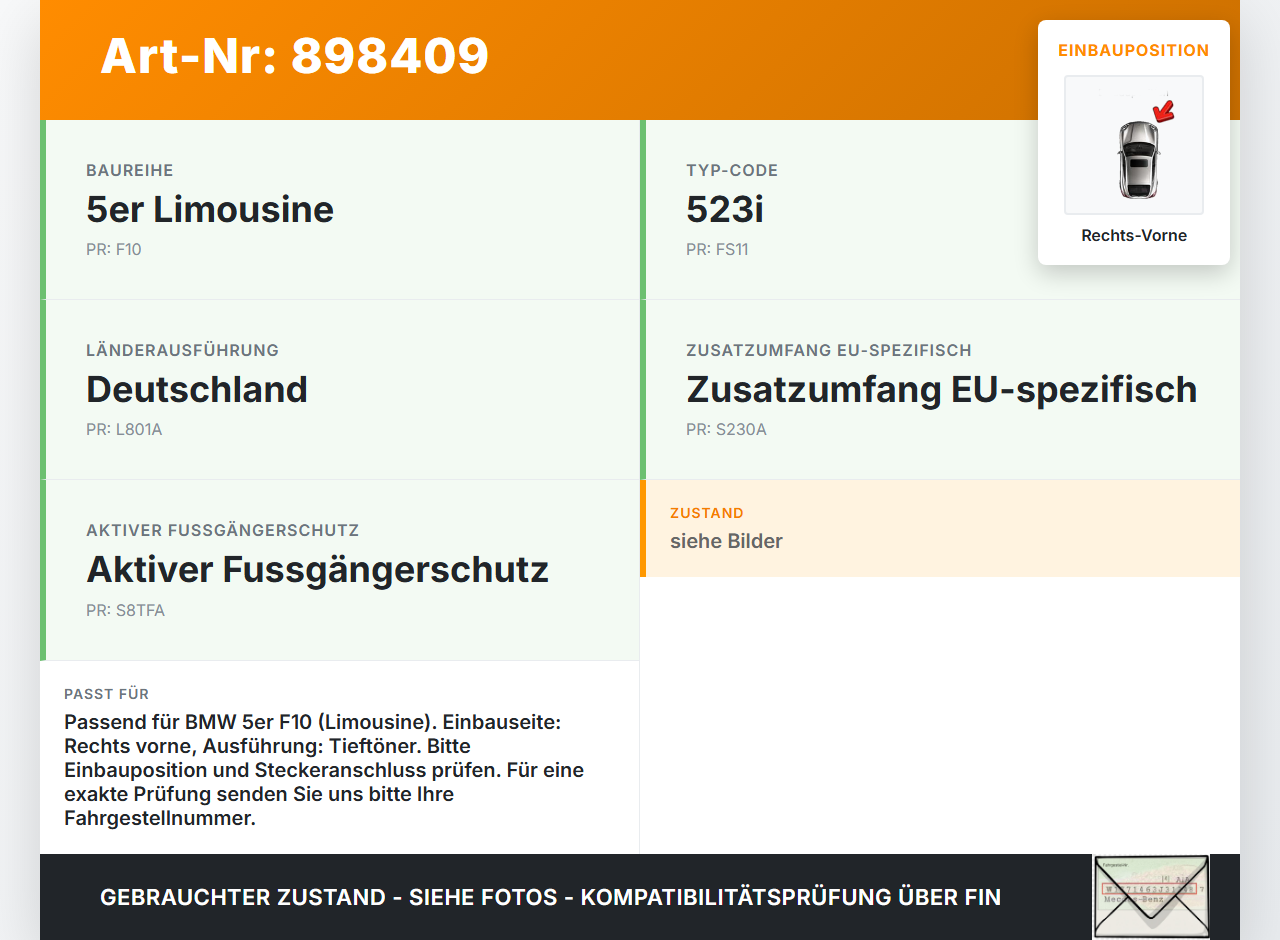BMW F10 523i 10-13 Hupe Signalhorn Rechts Vorne Tieftöner BMW F10 523i 10-13 21.05.2010 CH2143 gebraucht Vorschau 3