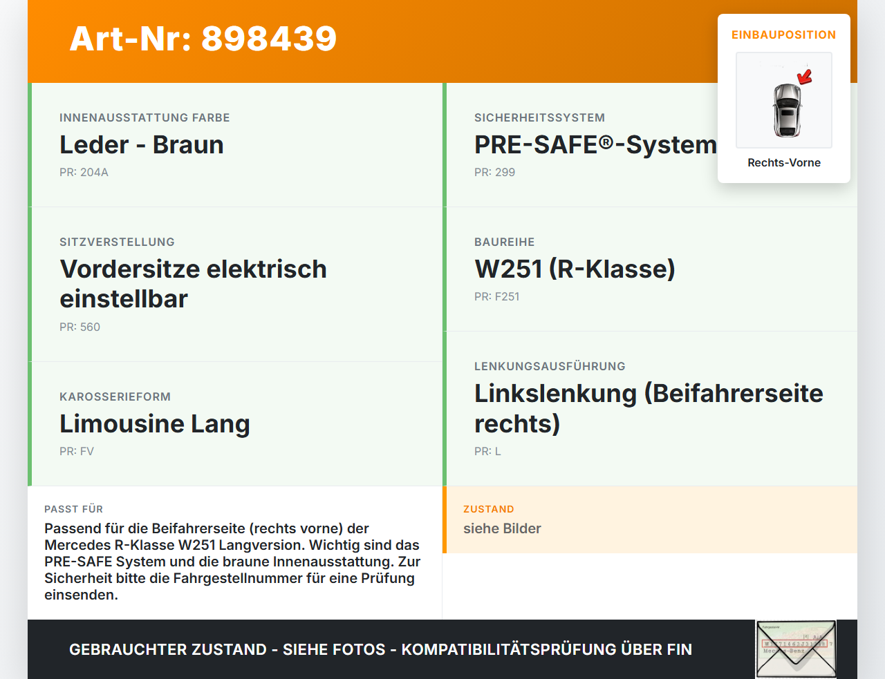 Mercedes R320 W251 06-10 Lang Gurtstraffer Gurtschloss Beifahrer Rechts Vorne Mercedes R320 W251 06-10 17.02.2006... Vorschau 3