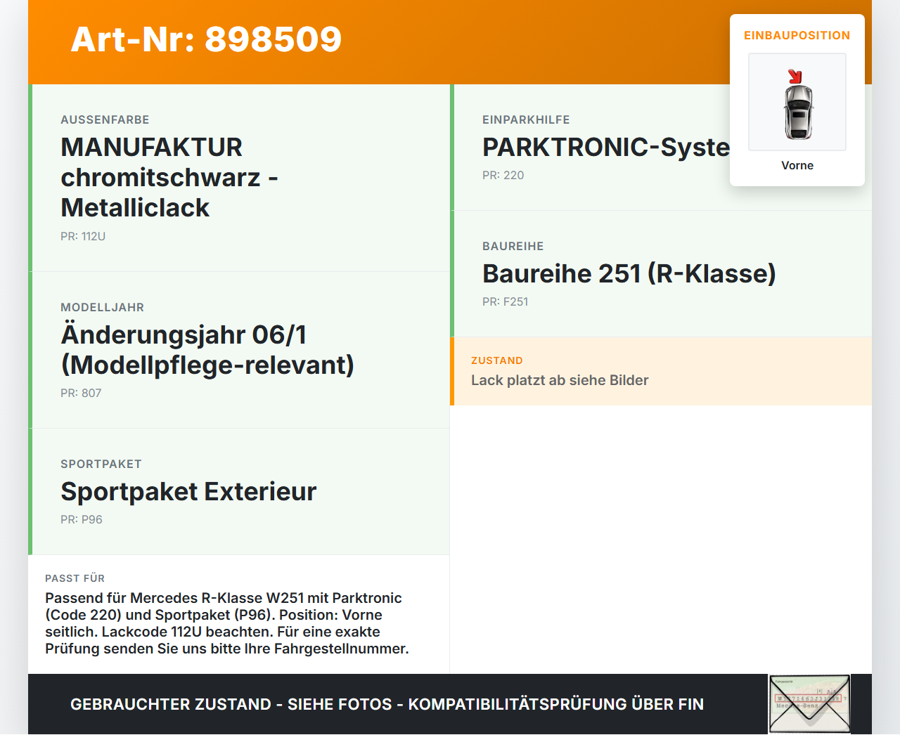Mercedes R320 W251 06-10 Abstands Sensor Parksensor PDC Vorne Pos.2 Seitlich Mercedes R320 W251 06-10 17.02.2006... Vorschau 3
