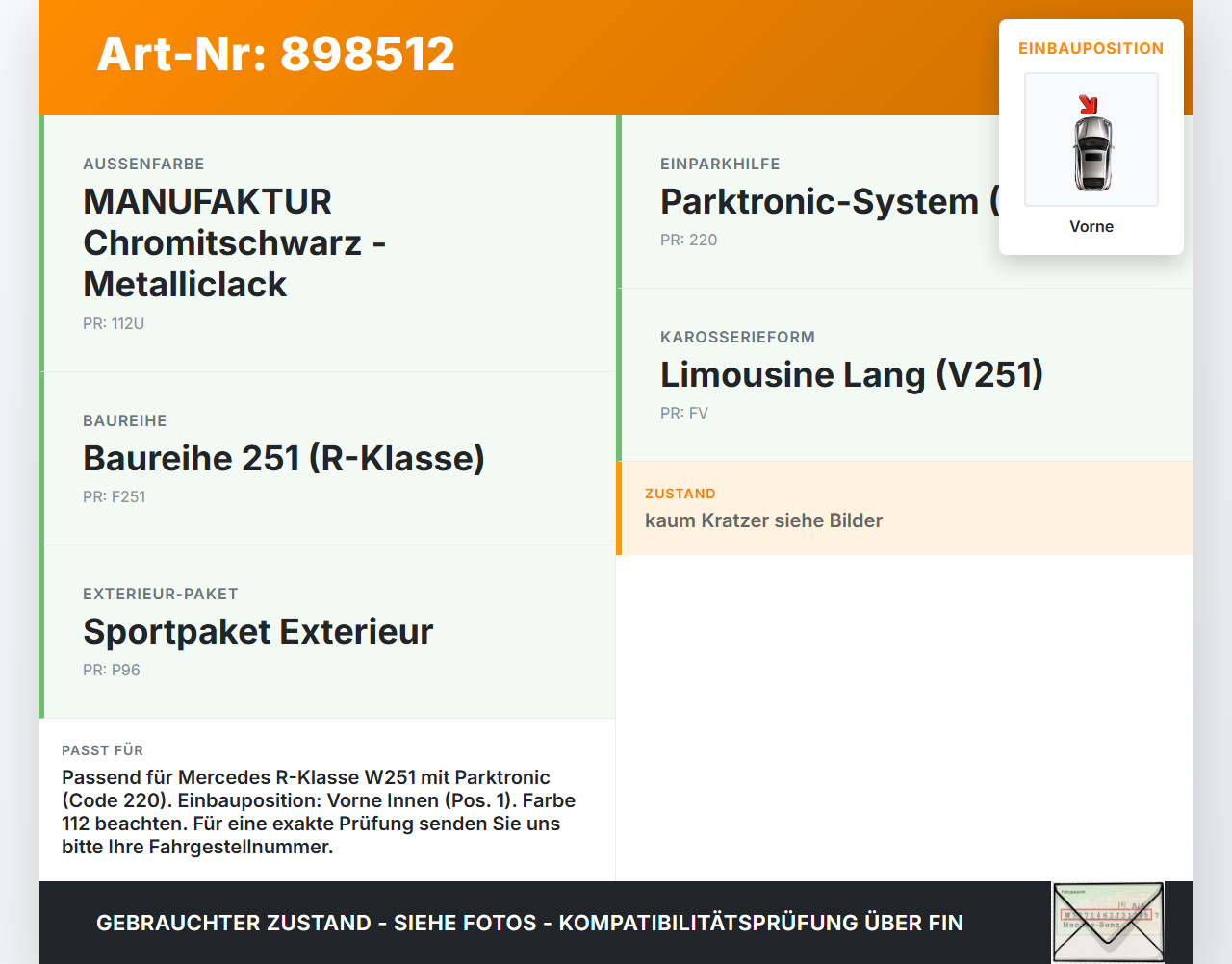 Mercedes R320 W251 06-10 Abstands Sensor Parksensor PDC Vorne Innen Pos.1 Mercedes R320 W251 06-10 17.02.2006... Vorschau 3