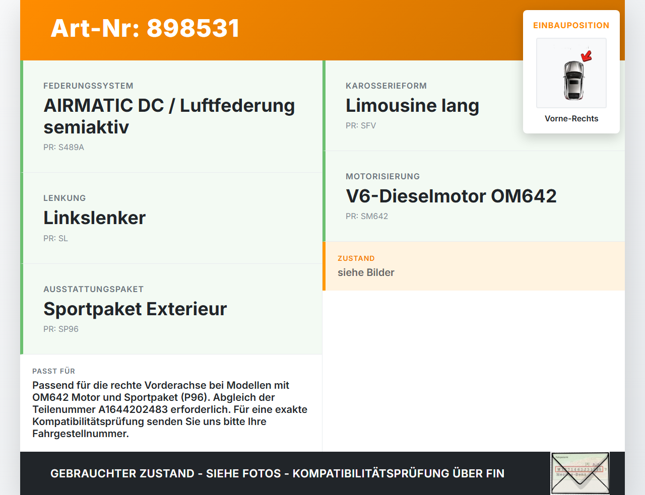 Mercedes R320 W251 06-10 CDI 3,0 165KW Bremssattel Bremszange Vorne Rechts Mercedes R320 W251 06-10 17.02.2006... Vorschau 3