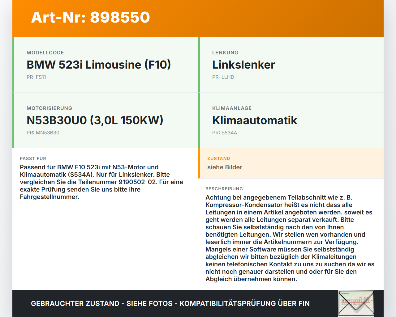 BMW F10 523i 10-13 3,0i 150KW Klimaschlauch Klimaleitung BMW F10 523i 10-13 21.05.2010 9190502-02 0149-2602175... Vorschau 3