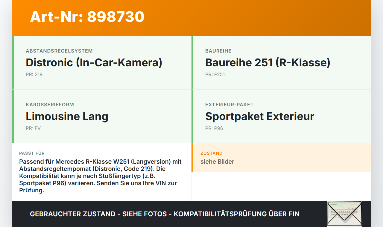 Mercedes R320 W251 06-10 Träger Halter für Abstandssensor Radar Distronic Mercedes R320 W251 06-10 17.02.2006 gebraucht Vorschau 3
