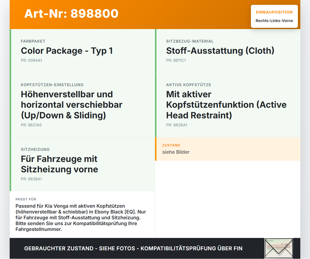 Kia Venga YN 09-15 Kopfstütze für Fahrer Sitz Rechts oder Links Vorne Kia Venga YN 09-15 26.11.2013 88701-1P010AJD... Vorschau 3