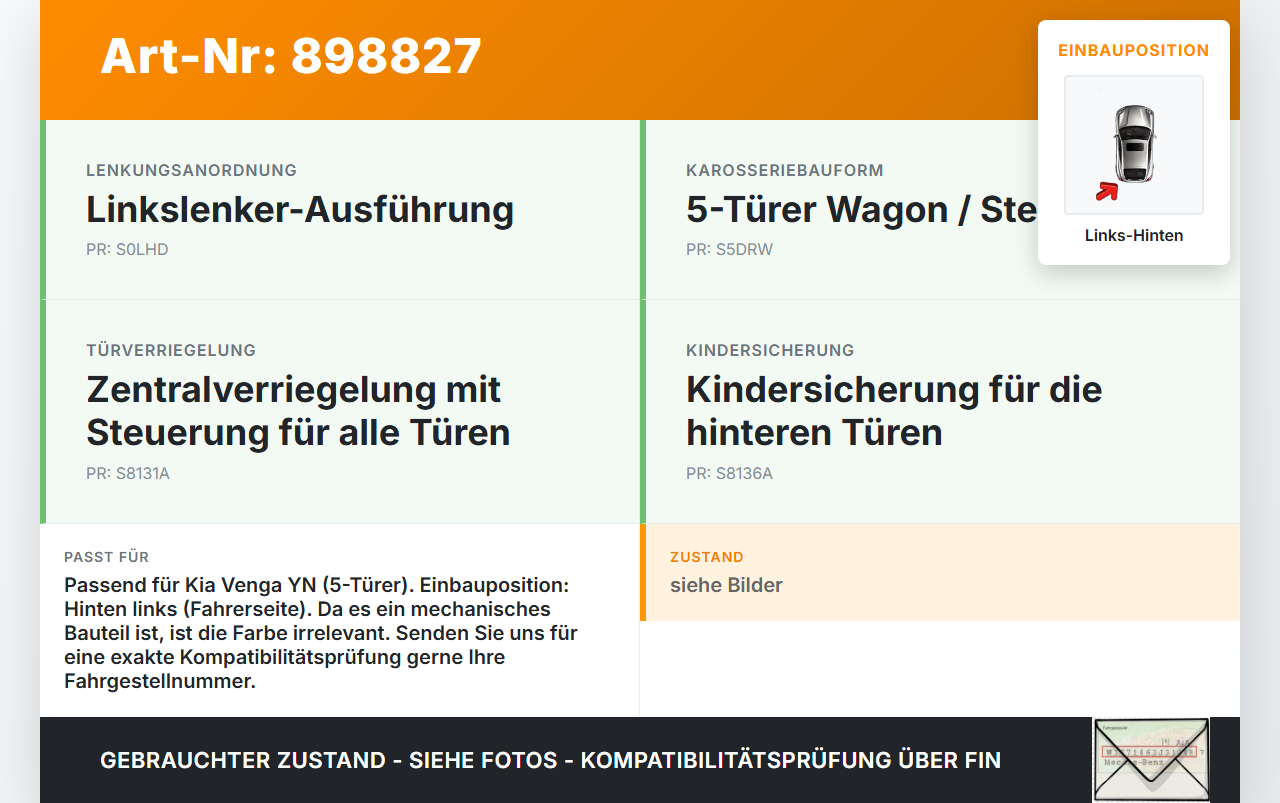 Kia Venga YN 09-15 Türfangband Türbremse Türanschlag Links Hinten Kia Venga YN 09-15 26.11.2013 794801P000 gebraucht Vorschau 3
