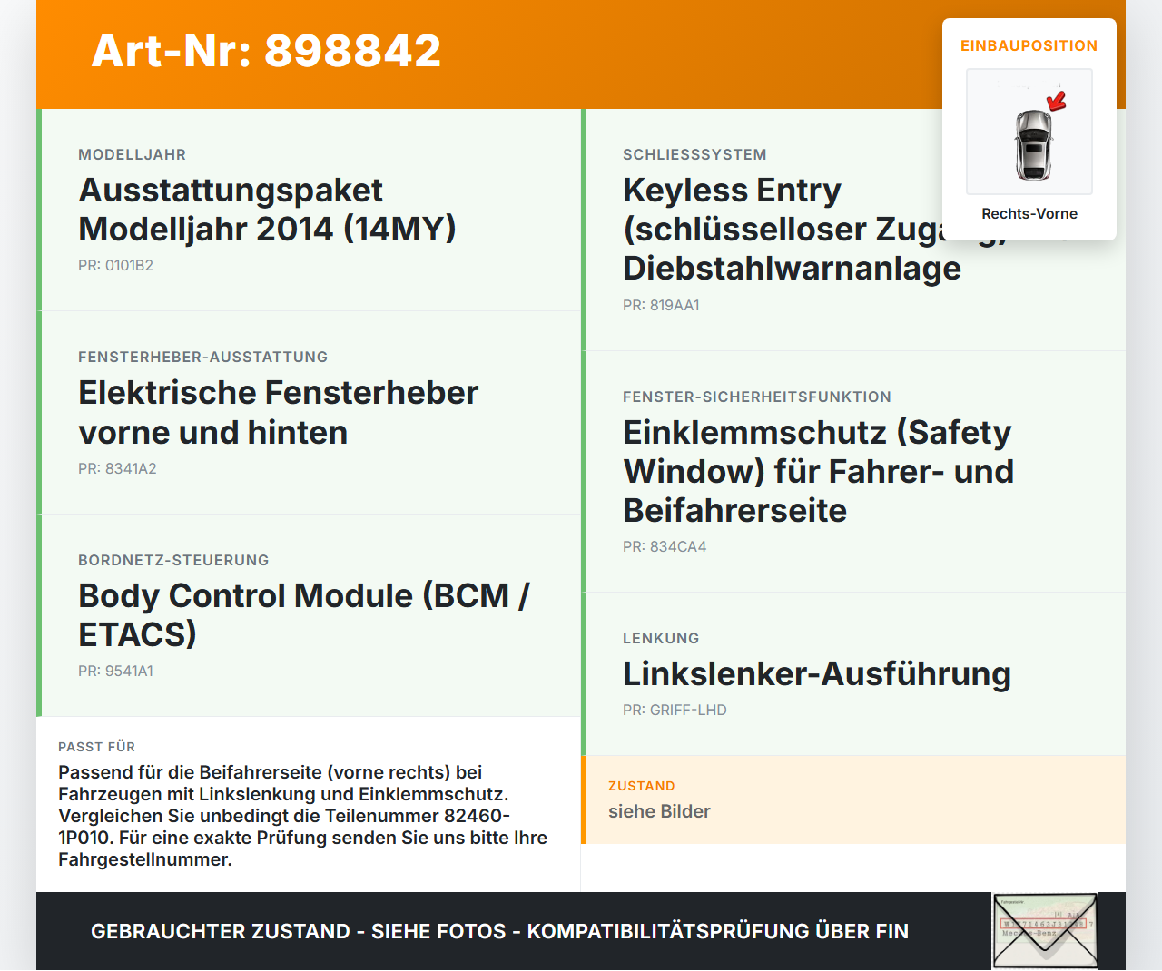 Kia Venga YN 09-15 Fensterhebermotor Rechts Vorne Kia Venga YN 09-15 26.11.2013 82460-1P010 0130822551 gebraucht Vorschau 3