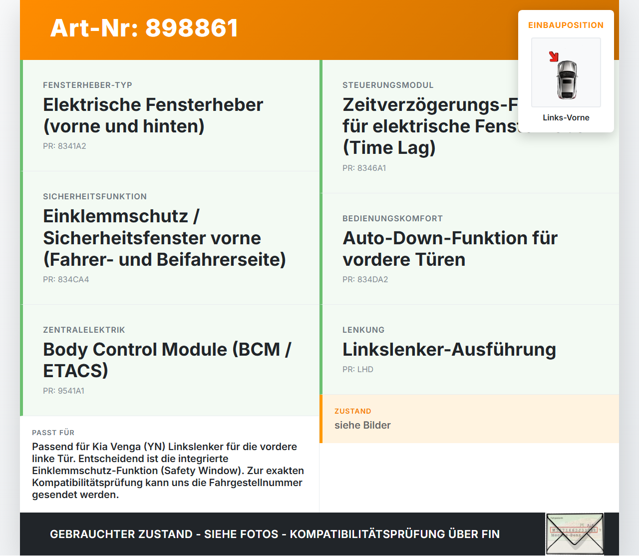 Kia Venga YN 09-15 Fensterhebermotor mit Fensterheber Links Vorne Kia Venga YN 09-15 26.11.2013 824501P010... Vorschau 3