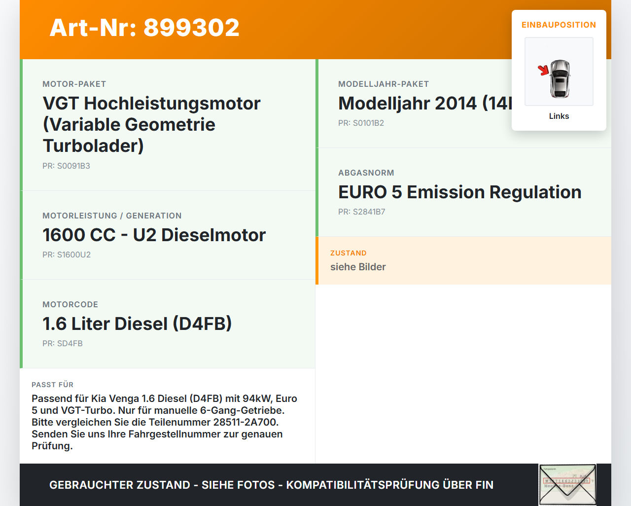 Kia Venga YN 09-15 1,6 94KW D4FB R53P Abgaskrümmer Links Kia Venga YN 09-15 26.11.2013 28511-2A700 gebraucht Vorschau 3