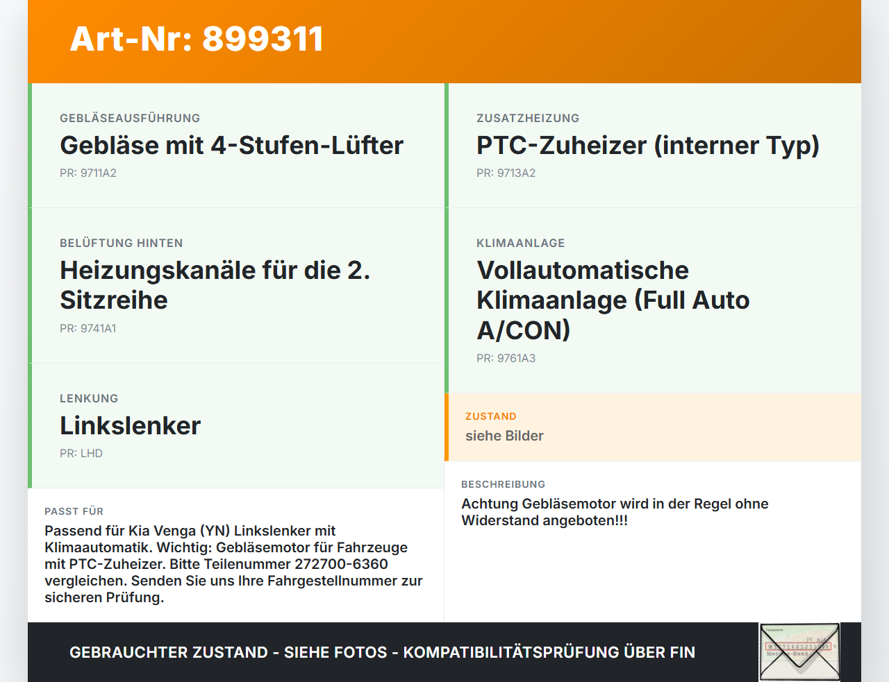 Kia Venga YN 09-15 Gebläsemotor Lüftermotor Heizungsgebläse Kia Venga YN 09-15 26.11.2013 272700-6360 gebraucht Vorschau 3