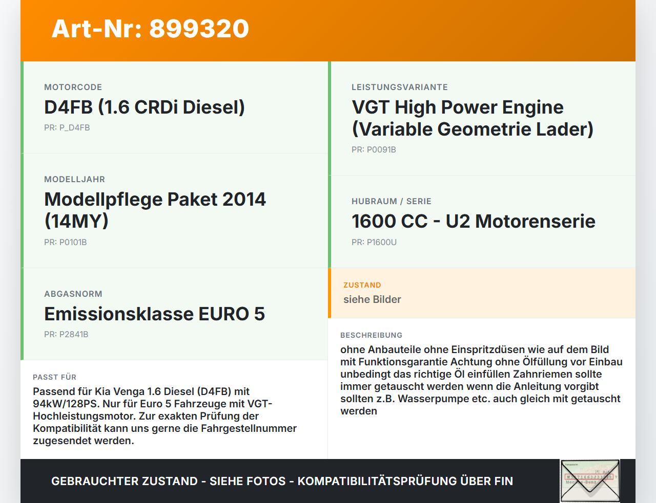 Kia Venga YN 09-15 1,6 94KW D4FB R53P Motor Triebwerk Kia Venga YN 09-15 26.11.2013 Z48412AZ-00 gebraucht Vorschau 3