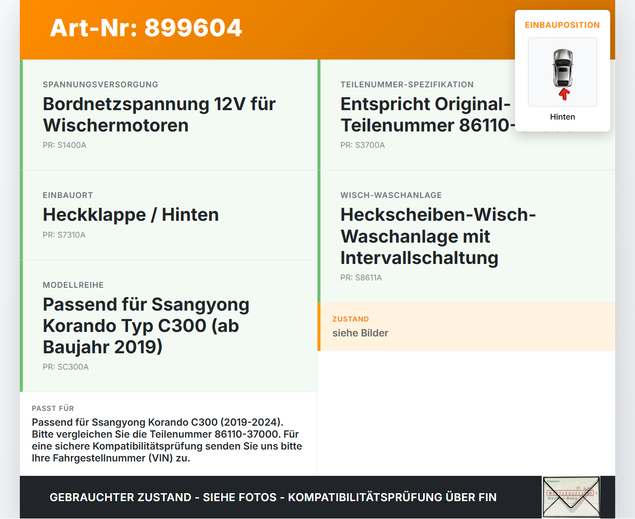 Ssangyong Korando C300 19-24 Wischermotor Hinten Heckwischermotor Ssangyong Korando C300 19-24 01.01.2019... Vorschau 3