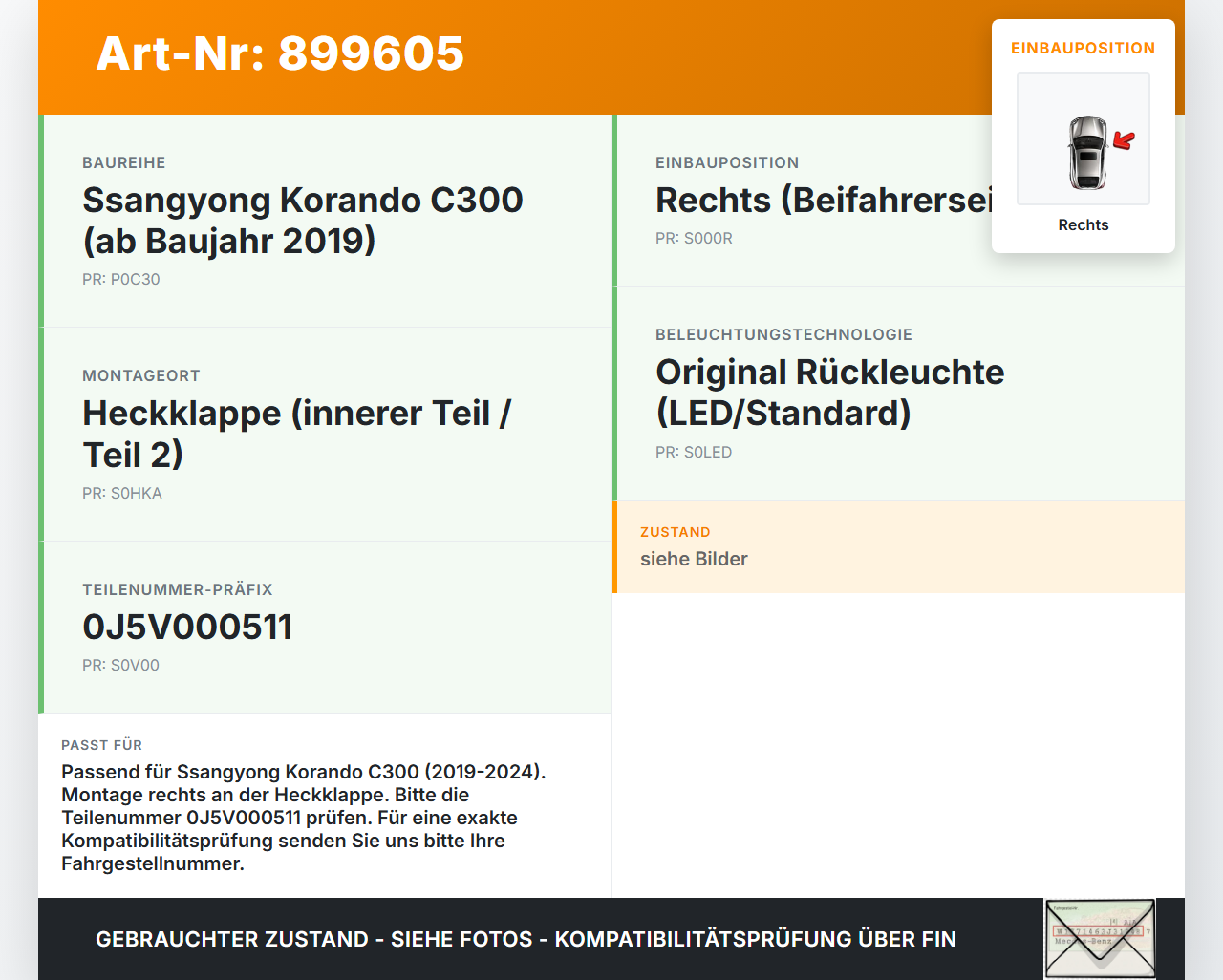 Ssangyong Korando C300 19-24 Rückleuchte Rücklicht Heckleuchte Rechts orig für Heckklappe Ssangyong Korando C300... Vorschau 3