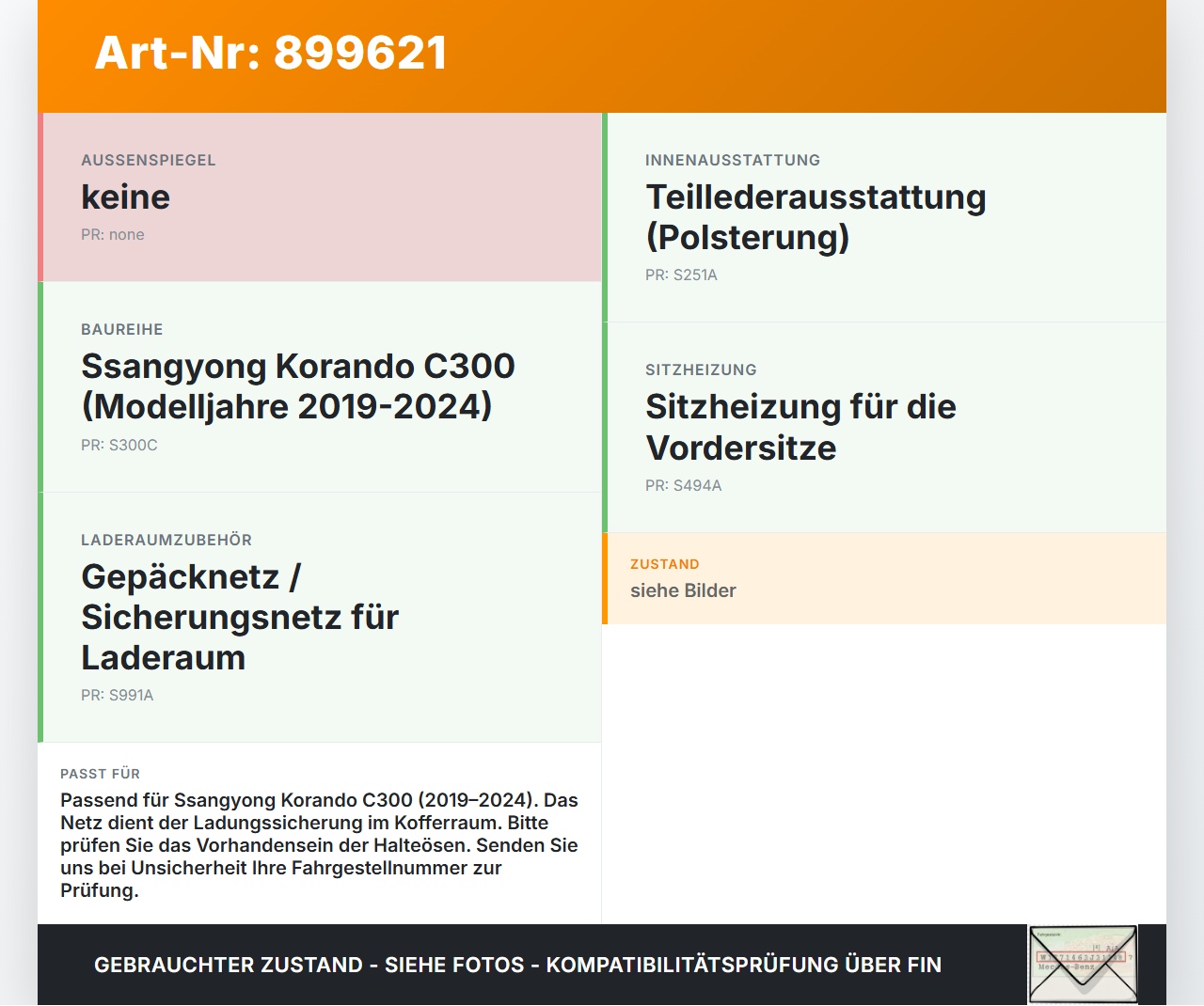 Ssangyong Korando C300 19-24 Netz Sicherungsnetz Laderaumnetz Ssangyong Korando C300 19-24 01.01.2019 gebraucht Vorschau 3