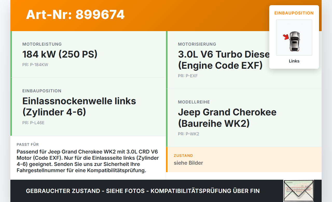 Jeep Grand Cherokee WK2 13-17 CRD 3,0 184KW EXF Nockenwelle Einlass Links 4-6 Jeep Grand Cherokee WK2 13-17... Vorschau 3