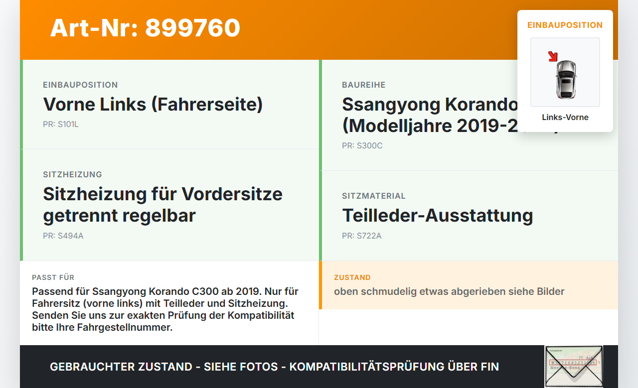 Ssangyong Korando C300 19-24 Sitzbezug Rückenpolster Links Vorne für Fahrer Sitz beheizt Ssangyong Korando C300... Vorschau 3