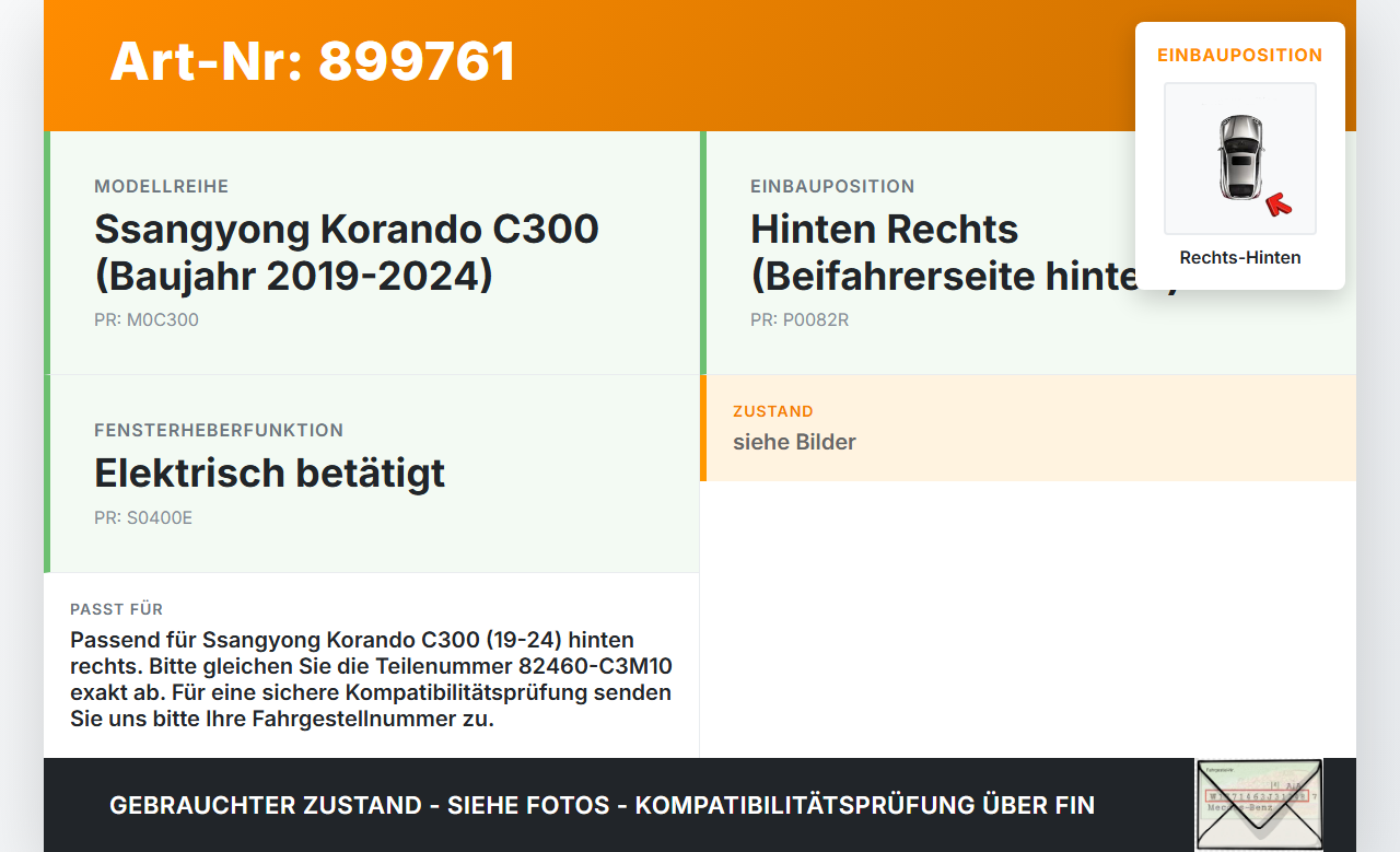 Ssangyong Korando C300 19-24 Fensterhebermotor Rechts Hinten Ssangyong Korando C300 19-24 01.01.2019 82460-C3M10... Vorschau 3