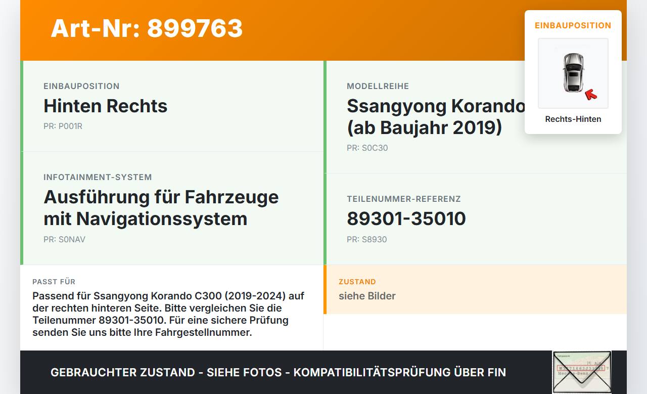 Ssangyong Korando C300 19-24 Lautsprecher Rechts Hinten Ssangyong Korando C300 19-24 01.01.2019 89301-35010 gebraucht Vorschau 3
