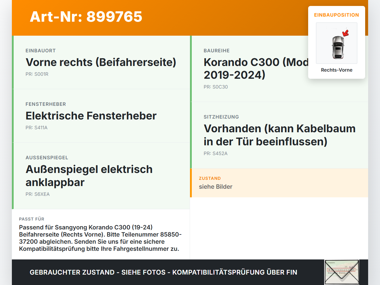 Ssangyong Korando C300 19-24 Fensterheberschalter Schalter Rechts Vorne Ssangyong Korando C300 19-24 01.01.2019... Vorschau 3