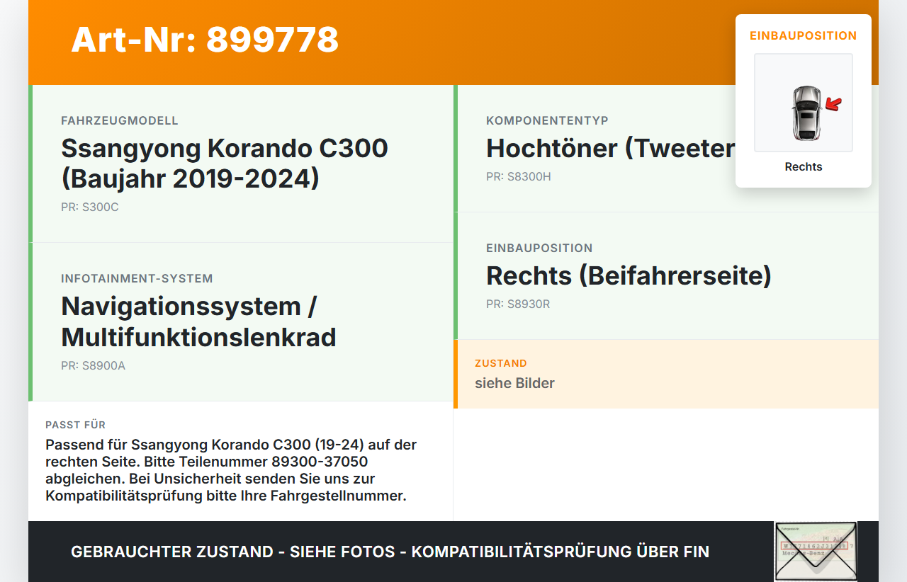 Ssangyong Korando C300 19-24 Lautsprecher Hochtöner Rechts Ssangyong Korando C300 19-24 01.01.2019 89300-37050 gebraucht Vorschau 3