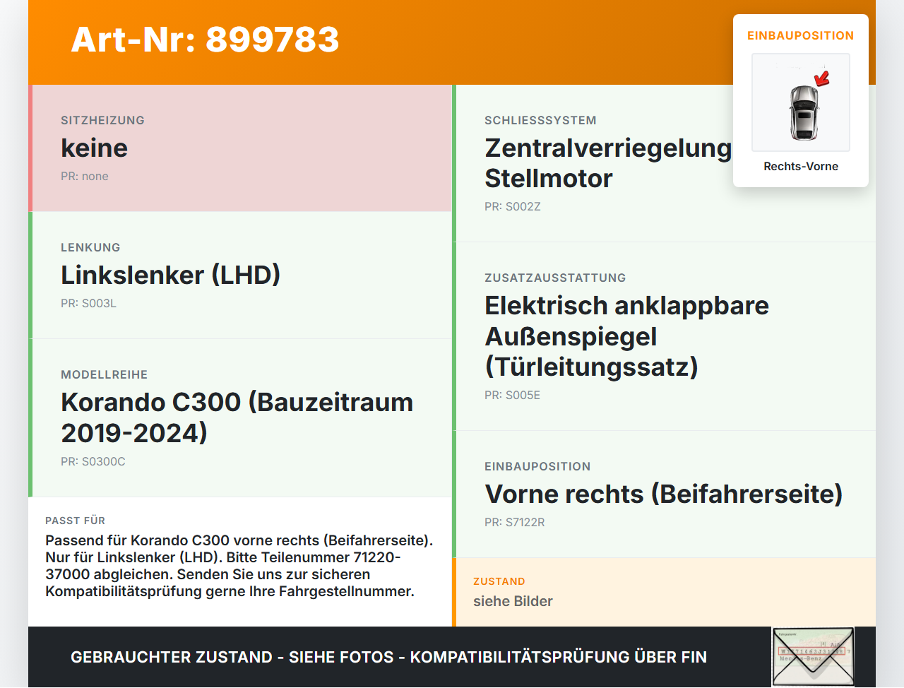 Ssangyong Korando C300 19-24 Türschloss m. ZV Stellmotor Rechts Vorne Ssangyong Korando C300 19-24 01.01.2019... Vorschau 3