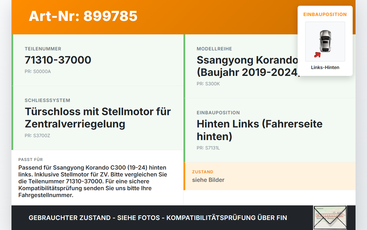 Ssangyong Korando C300 19-24 Türschloss m. ZV Stellmotor Links Hinten Ssangyong Korando C300 19-24 01.01.2019... Vorschau 3