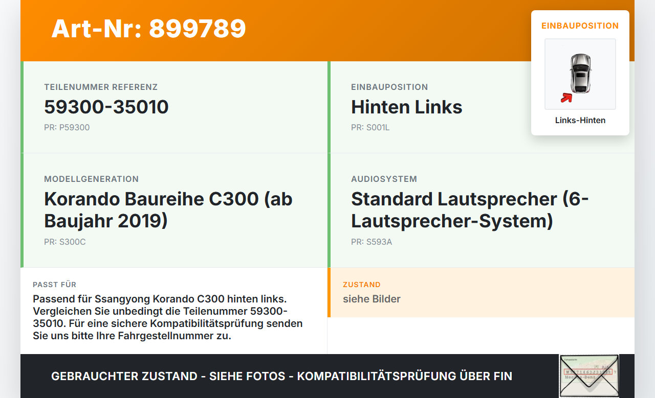 Ssangyong Korando C300 19-24 Lautsprecher Links Hinten Ssangyong Korando C300 19-24 01.01.2019 59300-35010 gebraucht Vorschau 3