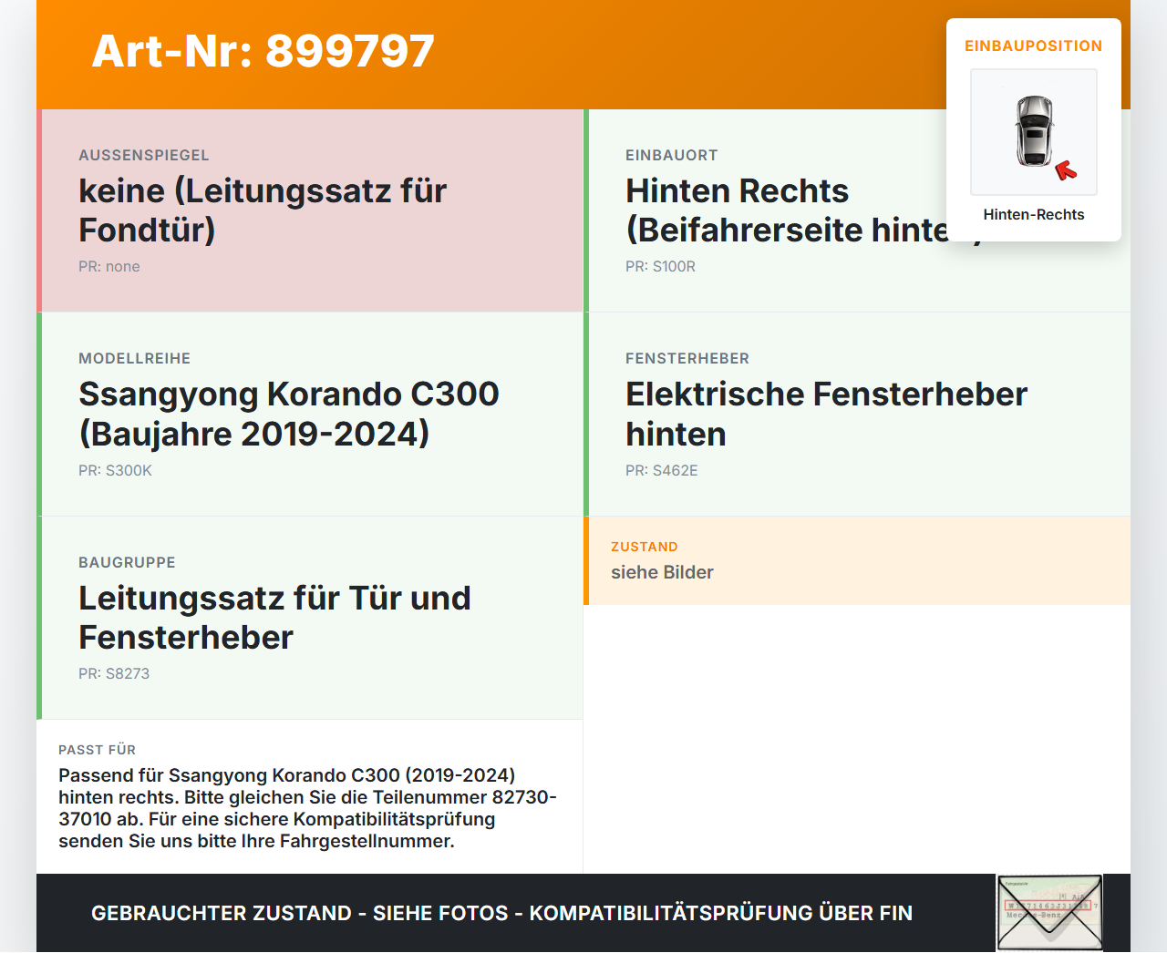 Ssangyong Korando C300 19-24 Kabelbaum Leitungssatz für Tür und Fensterheber Hinten Rechts Ssangyong Korando C300... Vorschau 3