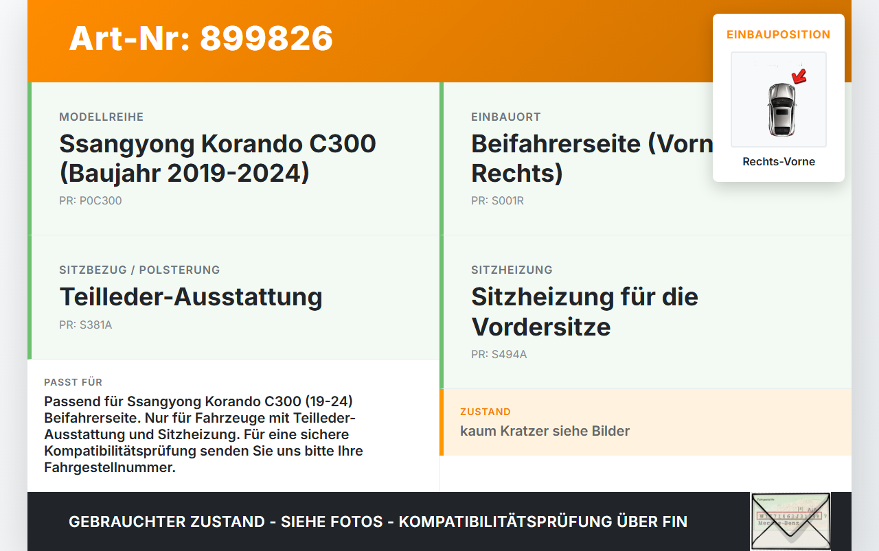 Ssangyong Korando C300 19-24 Sitzbezug Rückenpolster Rechts Vorne für Beifahrer Sitz beheizt Ssangyong Korando C300... Vorschau 3