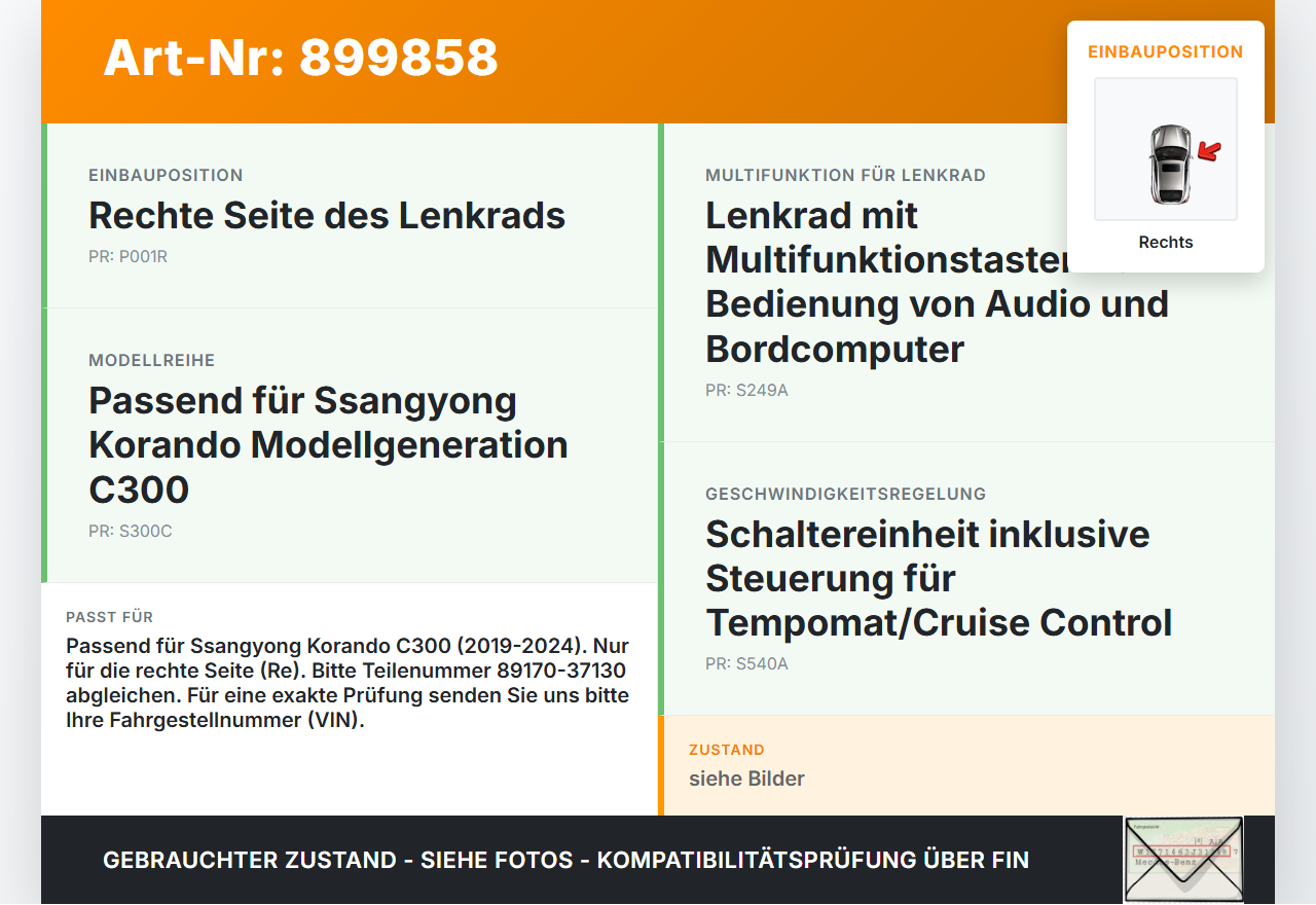 Ssangyong Korando C300 19-24 Lenkradschalter Multifunktionstasten Schalter für Lenkrad Rechts Ssangyong Korando... Vorschau 3