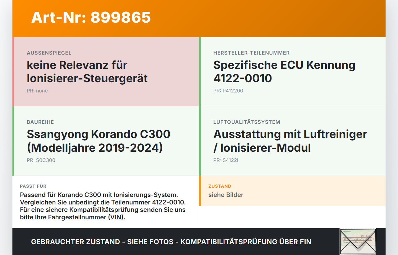 Ssangyong Korando C300 19-24 Steuergerät ECU Modul Ionisierer Ssangyong Korando C300 19-24 01.01.2019 4122-0010... Vorschau 3