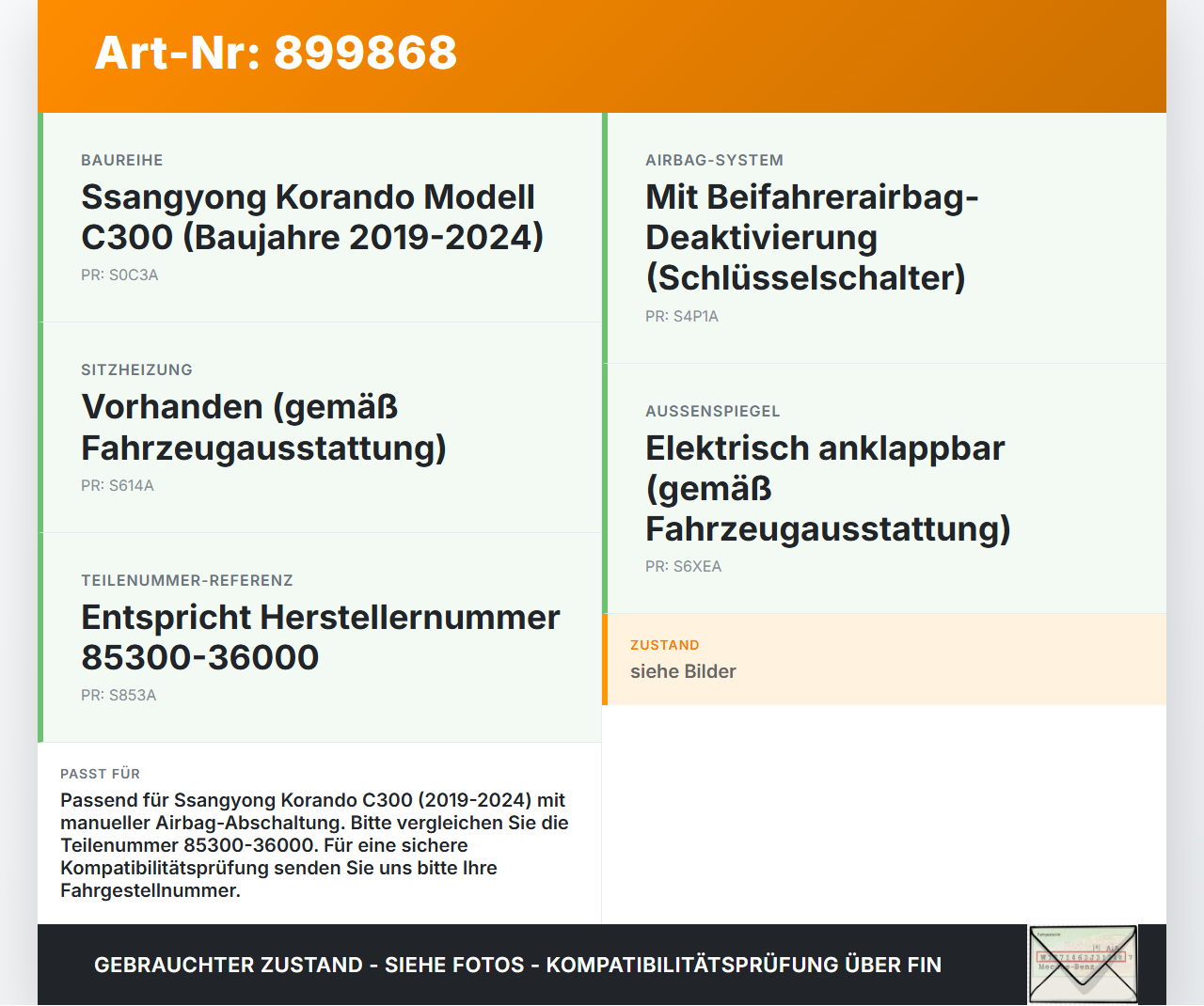 Ssangyong Korando C300 19-24 Schalter Airbag On Off Ssangyong Korando C300 19-24 01.01.2019 85300-36000 675090-1000... Vorschau 3