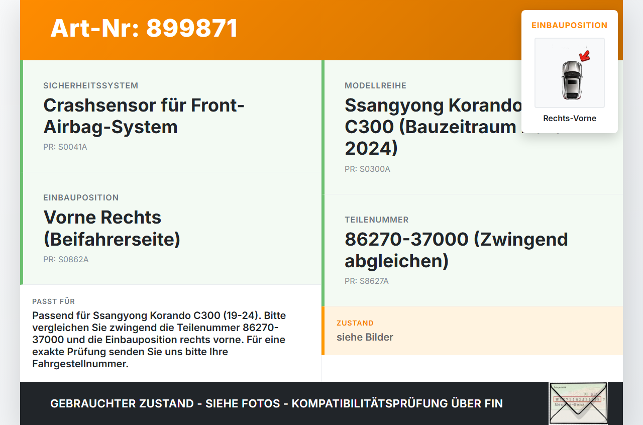 Ssangyong Korando C300 19-24 Sensor für Airbag Crashsensor Airbagsensor Rechts Vorne Ssangyong Korando C300 19-24... Vorschau 3