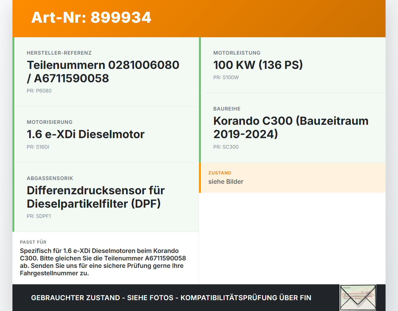 Ssangyong Korando C300 19-24 e-XDi 1,6 100KW Differenzdrucksensor Ssangyong Korando C300 19-24 01.01.2019... Vorschau 3