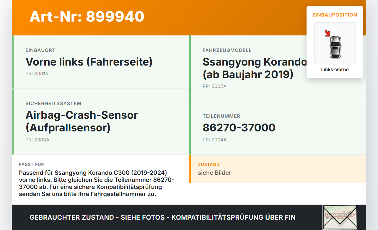 Ssangyong Korando C300 19-24 Sensor für Airbag Crashsensor Airbagsensor Links Vorne Ssangyong Korando C300 19-24... Vorschau 3