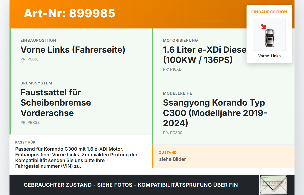 Ssangyong Korando C300 19-24 e-XDi 1,6 100KW Bremssattel Bremszange Vorne Links Ssangyong Korando C300 19-24... Vorschau 3