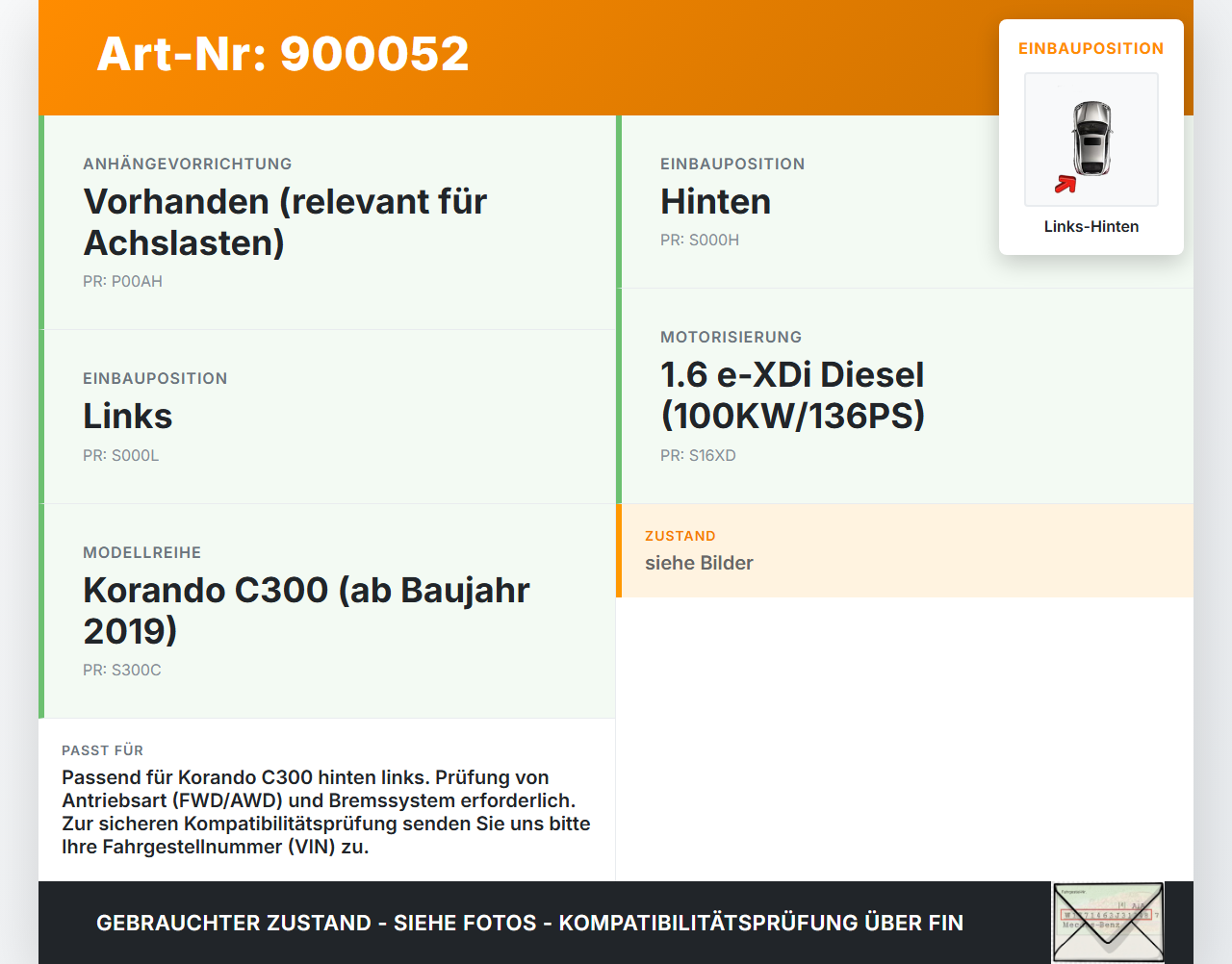 Ssangyong Korando C300 19-24  e-XDi 1,6 100KW Achsschenkel Radnabe Links Hinten Ssangyong Korando C300 19-24... Vorschau 3