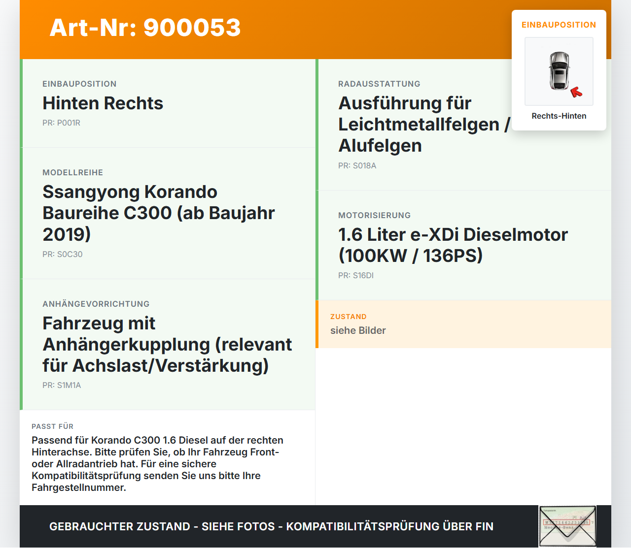 Ssangyong Korando C300 19-24  e-XDi 1,6 100KW Achsschenkel Radnabe Rechts Hinten Ssangyong Korando C300 19-24... Vorschau 3