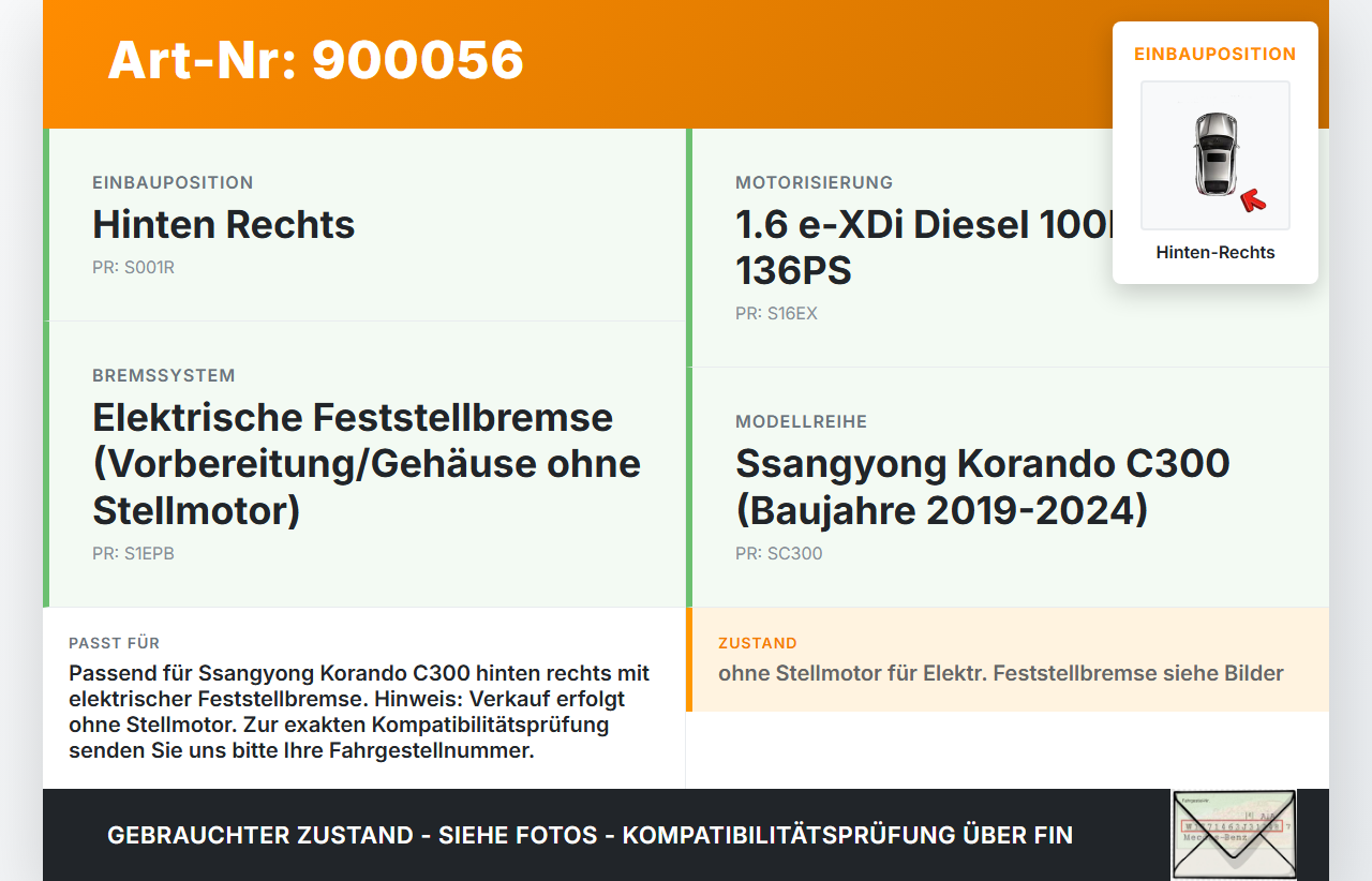 Ssangyong Korando C300 19-24 e-XDi 1,6 100KW Bremssattel Bremszange Hinten Rechts Ssangyong Korando C300 19-24... Vorschau 3