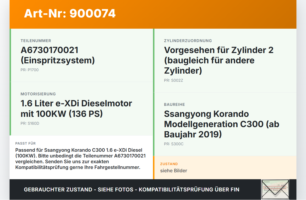 Ssangyong Korando C300 19-24 e-XDi 1,6 100KW Injektor Einspritzdüse Zyl.2 Ssangyong Korando C300 19-24 01.01.2019... Vorschau 3